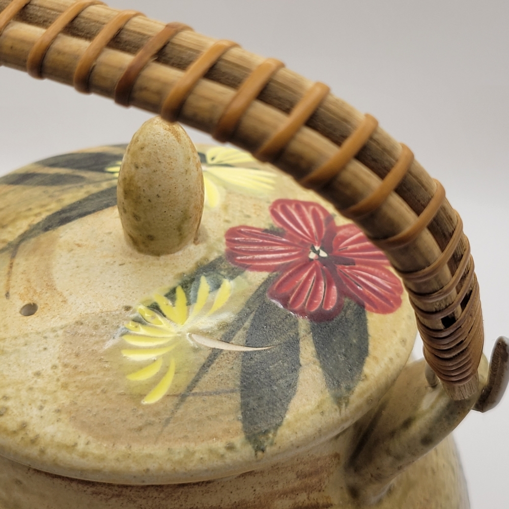 Nasco Teapot Japan Fine Stoneware Hand Painted Flowers Bamboo Wrapped Handle - Picture 7 of 13